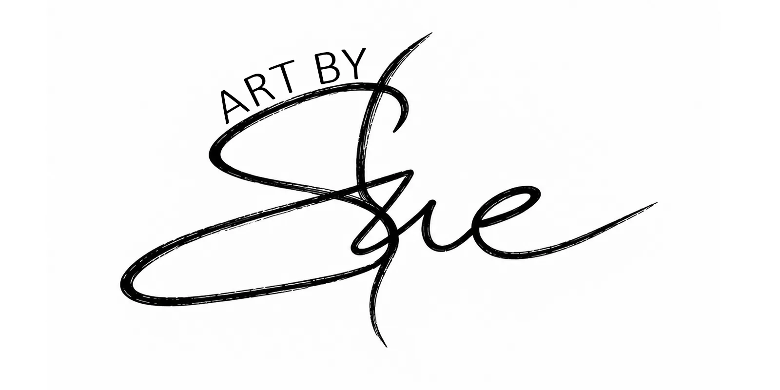 Finales Logo "Art by Sue": geschwungener Schriftzug Sue in Schwarz, darüber ART BY in Grossbuchstaben