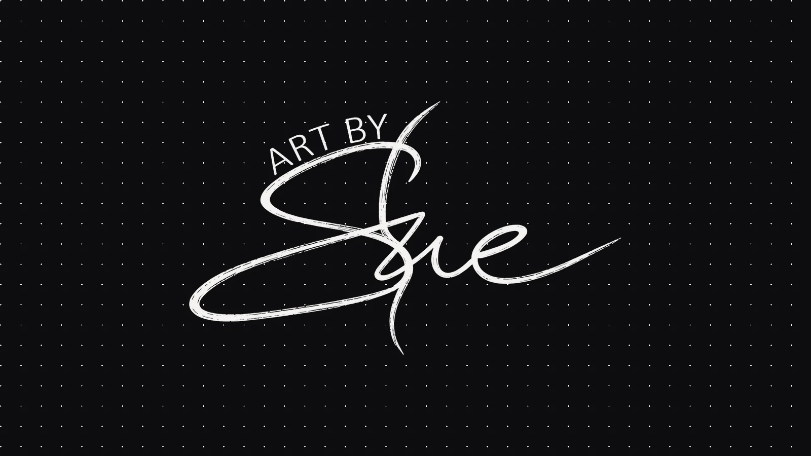 Logo Art by Sue: weisse Signatur auf dunklem Grund