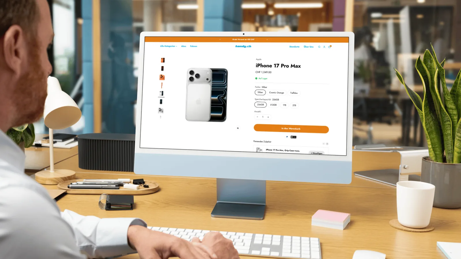 Produktseite iPhone 17 Pro Max im handy.ch Shop auf einem Bildschirm